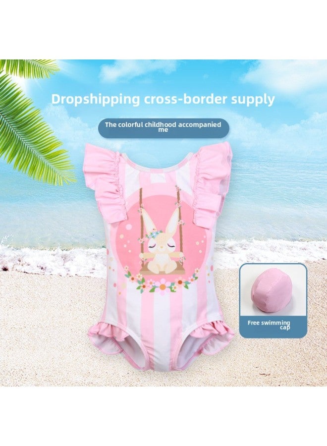 Generic Children's Swimwear Girls' Siaman Bikini Cartoon Rabbit Girls' Swimwear Sleeveless Swimsuit For Small, Medium And Large Children-Color:F002: Swing Rabbit Sleeveless Swimsuit, Swim Cap- - Image 1