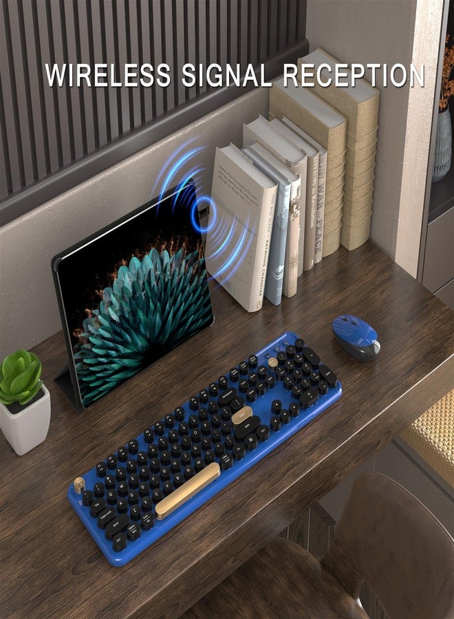 MPTOG Colorful Wireless Computer Keyboard and Mouse Combo with Round Typewriter Keycaps, Retro Design, Power Switch, Ergonomic Design, 2.4GHz Wireless for Windows, Mac, PC(Black-Blue) - Image 2