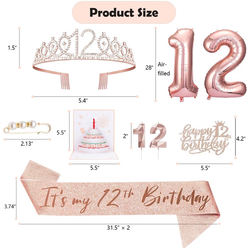 Awfrky 8Pcs 12Th Birthday Decorations For Girls  Including 12 Year Old Birthday Cake Topper  Birthday Queen Sash With Pearl Pin  Sweet Rhinestone Tiara Crown  Number Candles And Balloons Set  Rose Gold - Image 2