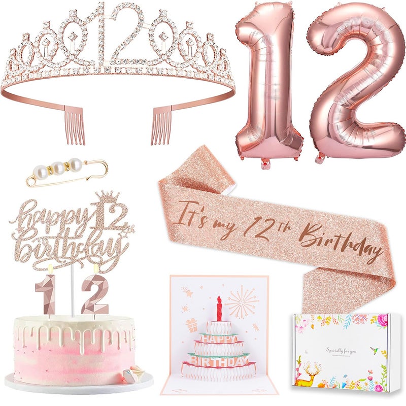 Awfrky 8Pcs 12Th Birthday Decorations For Girls  Including 12 Year Old Birthday Cake Topper  Birthday Queen Sash With Pearl Pin  Sweet Rhinestone Tiara Crown  Number Candles And Balloons Set  Rose Gold - Image 1