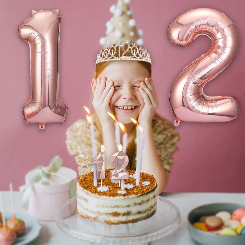 Awfrky 8Pcs 12Th Birthday Decorations For Girls  Including 12 Year Old Birthday Cake Topper  Birthday Queen Sash With Pearl Pin  Sweet Rhinestone Tiara Crown  Number Candles And Balloons Set  Rose Gold - Image 3