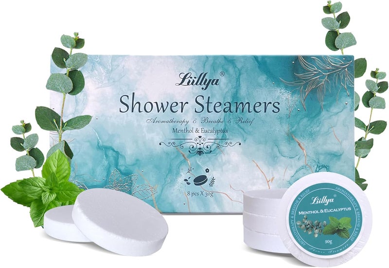 Liillya Shower Steamers Aromatherapy 8 Packs Menthol & Eucalyptus Shower Bombs with Natural Essential Oil Home SPA Vapor Shower Tablets Stress Relief Self Care Relaxation Birthday Gifts for Women,Men - Image 1