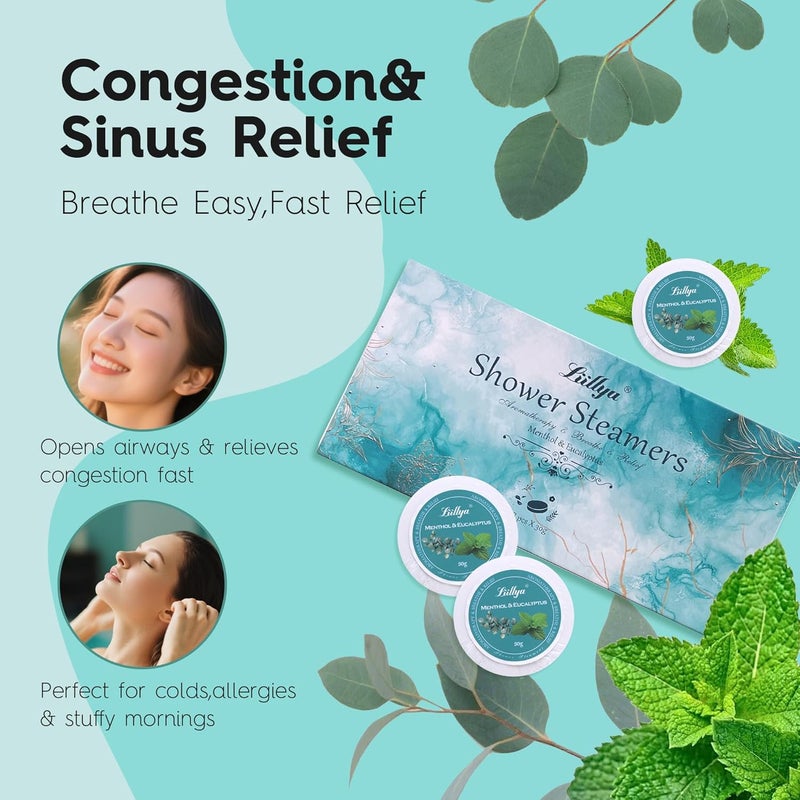 Liillya Shower Steamers Aromatherapy 8 Packs Menthol & Eucalyptus Shower Bombs with Natural Essential Oil Home SPA Vapor Shower Tablets Stress Relief Self Care Relaxation Birthday Gifts for Women,Men - Image 3