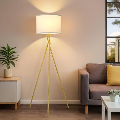 Luvkczc Gold Tripod Floor Lamp, 61”Tall Floor Lamps, Standing Lamp with Rotary Switch, Modern Floor Lamp Simple Design with White Shade, Floor Lamps for Living Room, Bedroom, Office, Without Bulb - Image 1