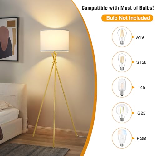 Luvkczc Gold Tripod Floor Lamp, 61”Tall Floor Lamps, Standing Lamp with Rotary Switch, Modern Floor Lamp Simple Design with White Shade, Floor Lamps for Living Room, Bedroom, Office, Without Bulb - Image 2