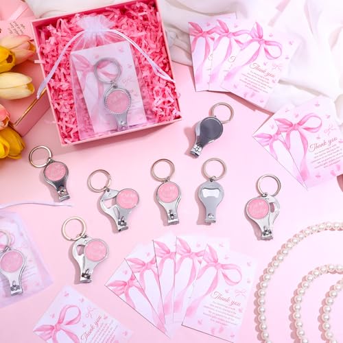 Shknldzsm 30 Set Pink Bow Baby Shower Party Favors for Girl - Coquette Nail Clipper Bottle Opener Keychains,Thank You Cards, Organza Bags,Return Gifts for Guests Gender Revel Decoration Supplies - Image 4