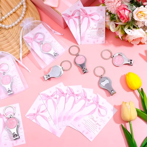 Shknldzsm 30 Set Pink Bow Baby Shower Party Favors for Girl - Coquette Nail Clipper Bottle Opener Keychains,Thank You Cards, Organza Bags,Return Gifts for Guests Gender Revel Decoration Supplies - Image 5