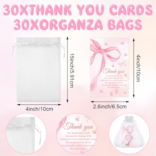 Shknldzsm 30 Set Pink Bow Baby Shower Party Favors for Girl - Coquette Nail Clipper Bottle Opener Keychains,Thank You Cards, Organza Bags,Return Gifts for Guests Gender Revel Decoration Supplies - Image 3