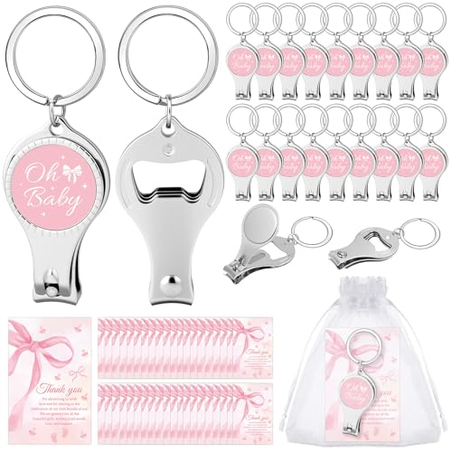 Shknldzsm 30 Set Pink Bow Baby Shower Party Favors for Girl - Coquette Nail Clipper Bottle Opener Keychains,Thank You Cards, Organza Bags,Return Gifts for Guests Gender Revel Decoration Supplies - Image 1