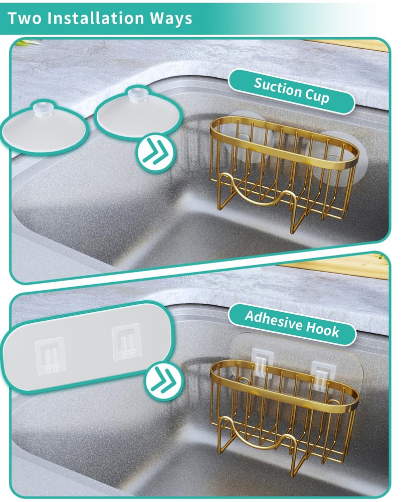 HapiRm Multifunctional Sponge Holder - 2 Installation Methods Sink Caddy with Unique M-Shaped, Stainless Steel Kitchen Sink Organizer for Sponge, Brush, Stopper and Scraper - Gold - Image 3