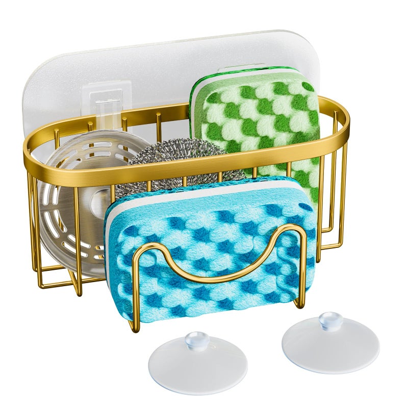 HapiRm Multifunctional Sponge Holder - 2 Installation Methods Sink Caddy with Unique M-Shaped, Stainless Steel Kitchen Sink Organizer for Sponge, Brush, Stopper and Scraper - Gold - Image 1