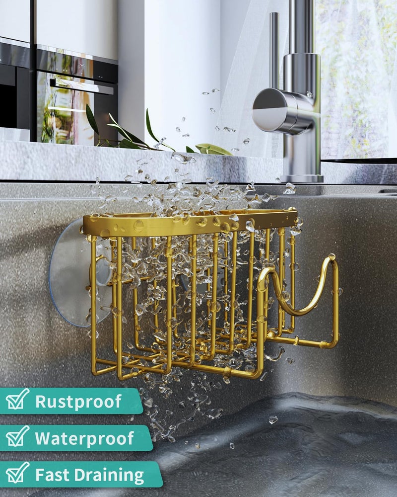HapiRm Multifunctional Sponge Holder - 2 Installation Methods Sink Caddy with Unique M-Shaped, Stainless Steel Kitchen Sink Organizer for Sponge, Brush, Stopper and Scraper - Gold - Image 4