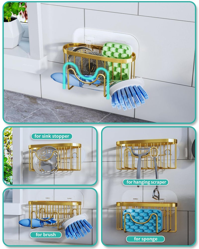 HapiRm Multifunctional Sponge Holder - 2 Installation Methods Sink Caddy with Unique M-Shaped, Stainless Steel Kitchen Sink Organizer for Sponge, Brush, Stopper and Scraper - Gold - Image 2