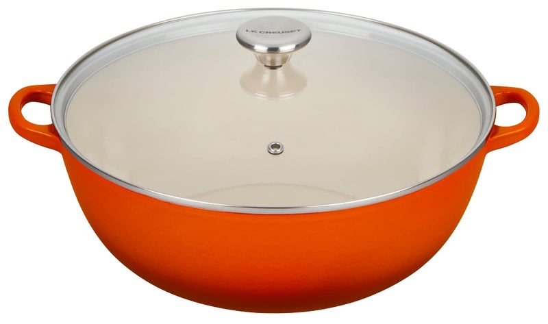 Le Creuset فرن شيف من الحديد الزهر المينا من لو كروزيه بسعة 75 لتر مع غطاء زجاجي باللون البرتقالي