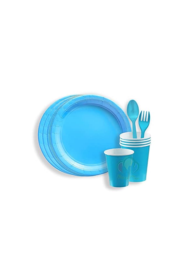 Party Time TIME - 24 Pieces Party Supplies Tableware Set Includes 6 - 9" Paper Dinner Plates 6 - 9 Oz Cups, 6 - 6" Spoon and 6 - 6" Forks for Plain Color Theme Disposable Birthday Dinnerware (Blue) - Image 4