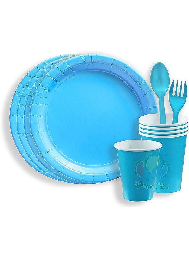 Party Time TIME - 24 Pieces Party Supplies Tableware Set Includes 6 - 9" Paper Dinner Plates 6 - 9 Oz Cups, 6 - 6" Spoon and 6 - 6" Forks for Plain Color Theme Disposable Birthday Dinnerware (Blue) - Image 1