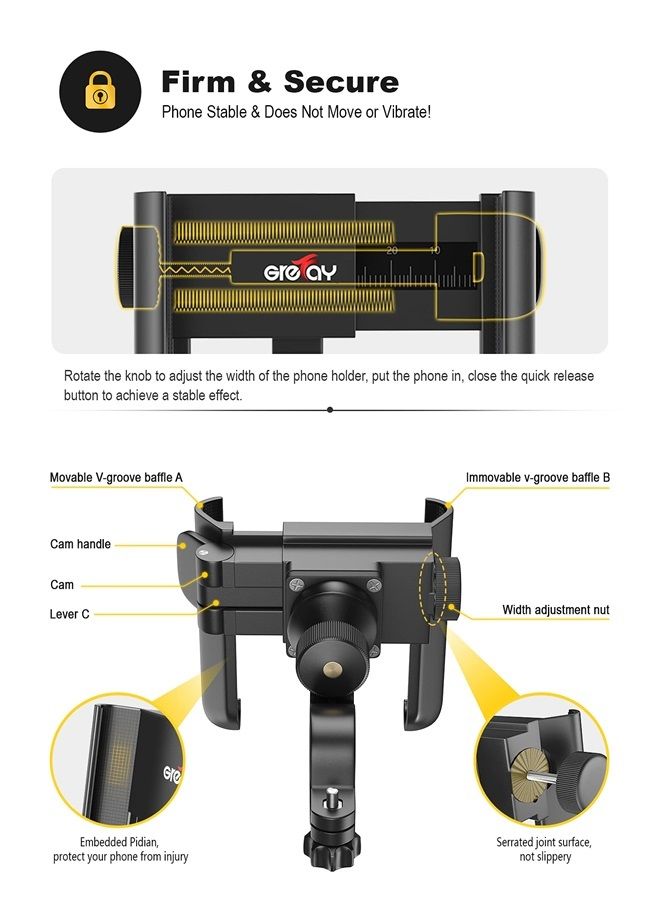 Grefay Bike Phone Mount Universal Motorcycle Handlebar Phone Holder 【1S Quick Release】 Anti Shake Bicycle Phone Clamp for Road Bike/MTB/Scooter with 360 Rotation for 3.5-7.0 inches Smartphone - Image 5