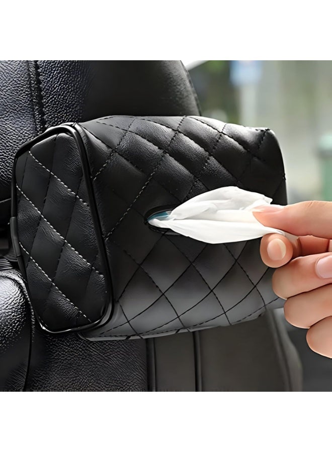A premium leather car tissue holder, attachable to the front or rear headrest of your car seat, with a sleek and modern universal design to suit all car models. Made from the finest natural leather, it can be easily mounted on the sun visor, armrest, seat back, or dashboard. - Image 1
