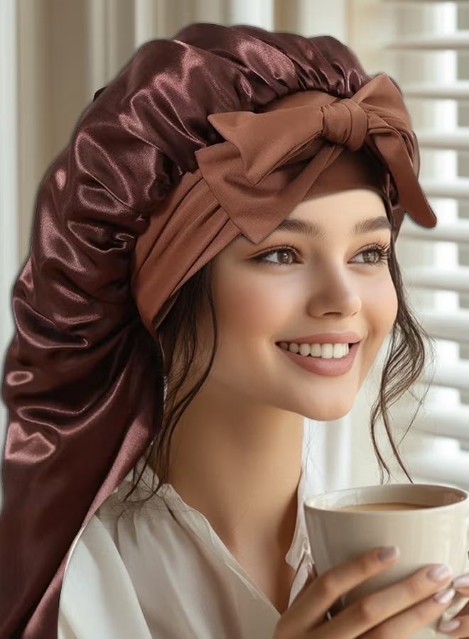 غطاء طويل لامع للنساء -غطاء حريري مرن مزدوج الطبقة لضفائر غطاء نوم الشعر مع شريط ربطة عنق (بني) - Image 4