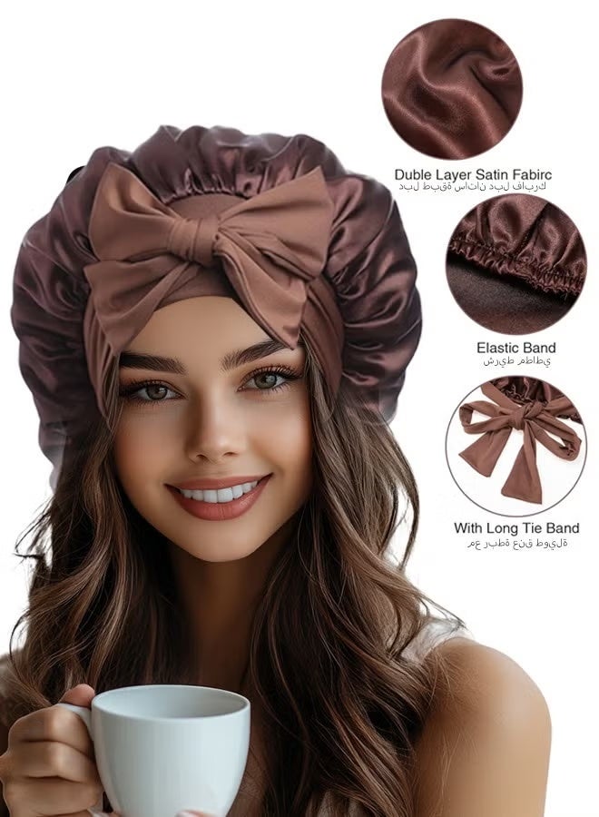 غطاء طويل لامع للنساء -غطاء حريري مرن مزدوج الطبقة لضفائر غطاء نوم الشعر مع شريط ربطة عنق (بني) - Image 2