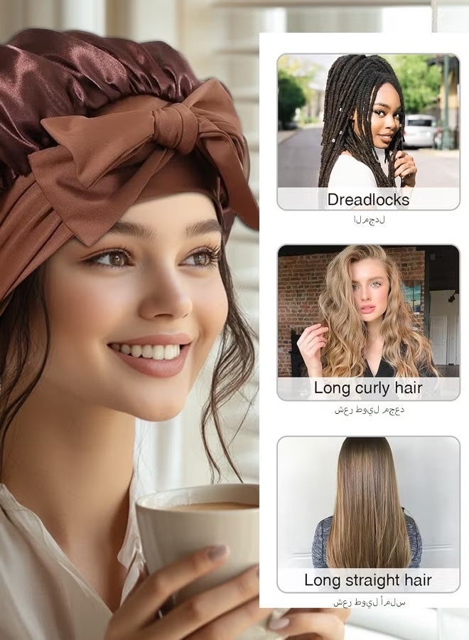 غطاء طويل لامع للنساء -غطاء حريري مرن مزدوج الطبقة لضفائر غطاء نوم الشعر مع شريط ربطة عنق (بني) - Image 3