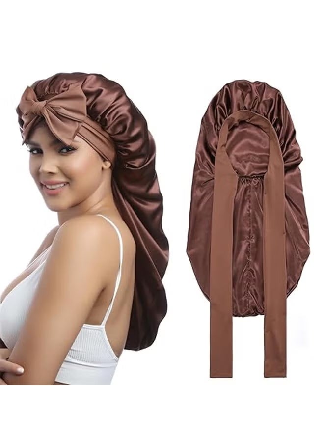 غطاء طويل لامع للنساء -غطاء حريري مرن مزدوج الطبقة لضفائر غطاء نوم الشعر مع شريط ربطة عنق (بني) - Image 1