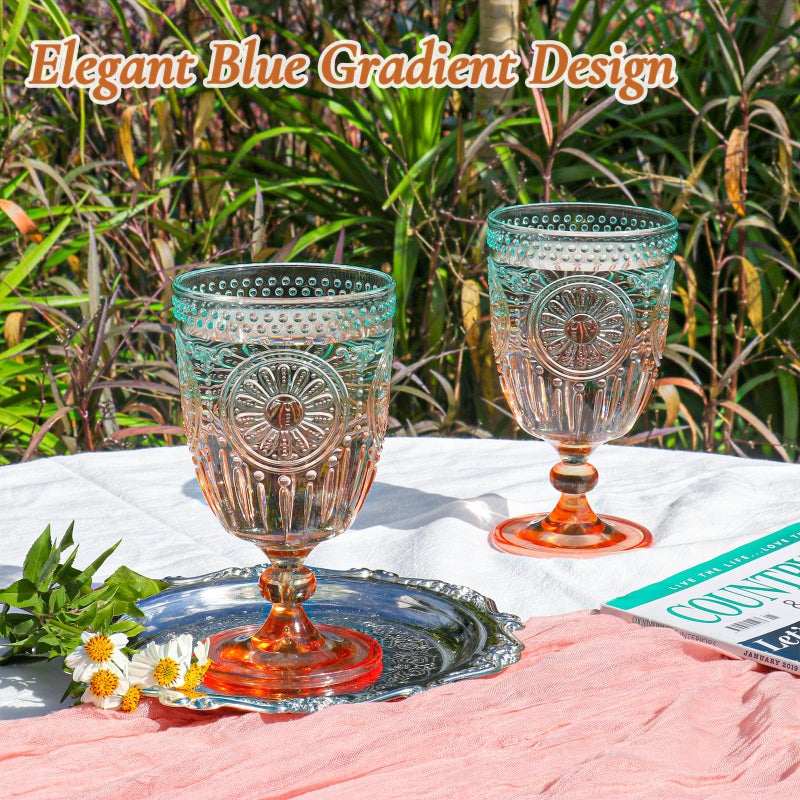 XUWAIDSGN 12Pcs Plastic Vintage Wine Glasses 13.5oz Reusable Embossed Goblet Glasses Green Orange Gradien Retro Wine Glassware Unbreakable Stemmed Champagne Water Cups for Cocktail Juice Wedding, bach - Image 3