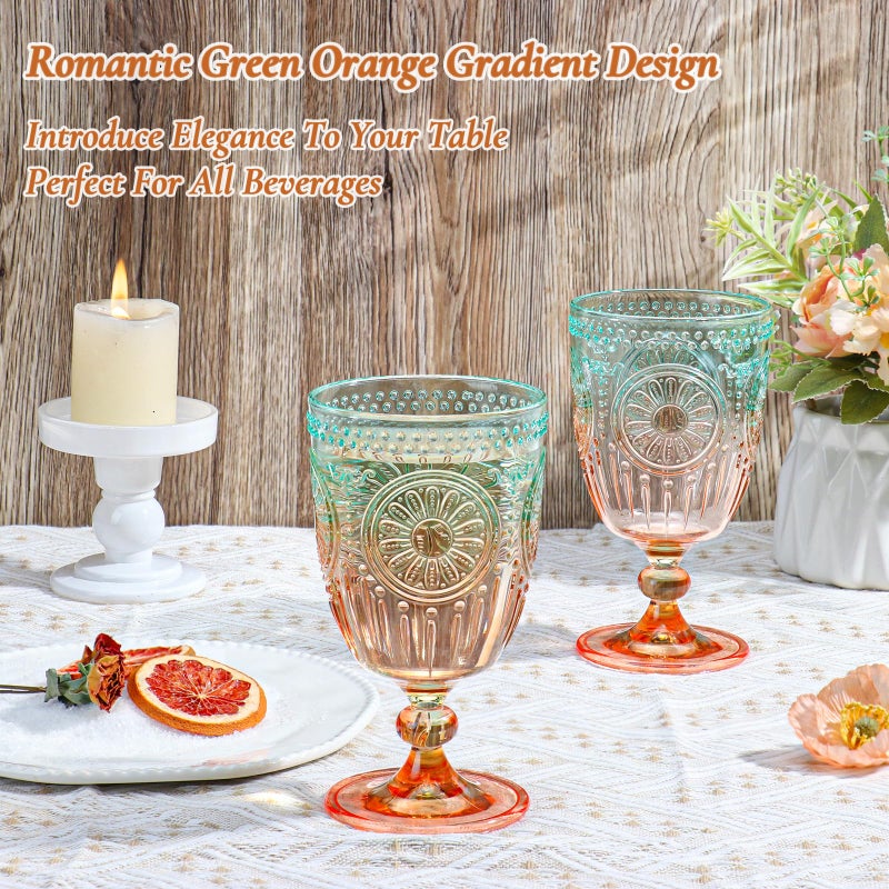 XUWAIDSGN 12Pcs Plastic Vintage Wine Glasses 13.5oz Reusable Embossed Goblet Glasses Green Orange Gradien Retro Wine Glassware Unbreakable Stemmed Champagne Water Cups for Cocktail Juice Wedding, bach - Image 2