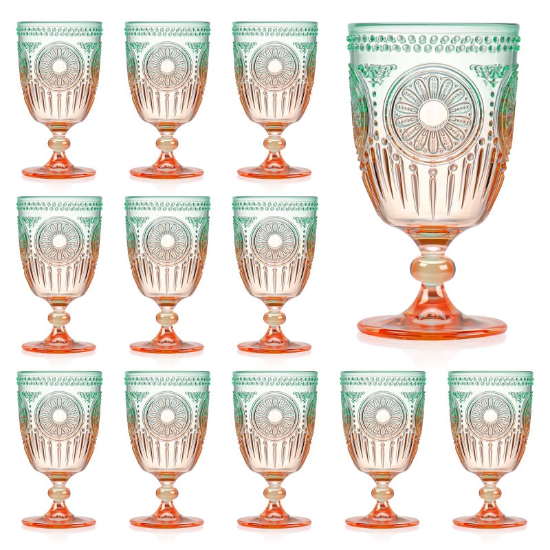 XUWAIDSGN 12Pcs Plastic Vintage Wine Glasses 13.5oz Reusable Embossed Goblet Glasses Green Orange Gradien Retro Wine Glassware Unbreakable Stemmed Champagne Water Cups for Cocktail Juice Wedding, bach - Image 1