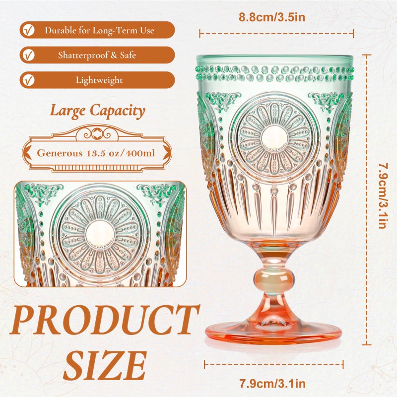 XUWAIDSGN 12Pcs Plastic Vintage Wine Glasses 13.5oz Reusable Embossed Goblet Glasses Green Orange Gradien Retro Wine Glassware Unbreakable Stemmed Champagne Water Cups for Cocktail Juice Wedding, bach - Image 4