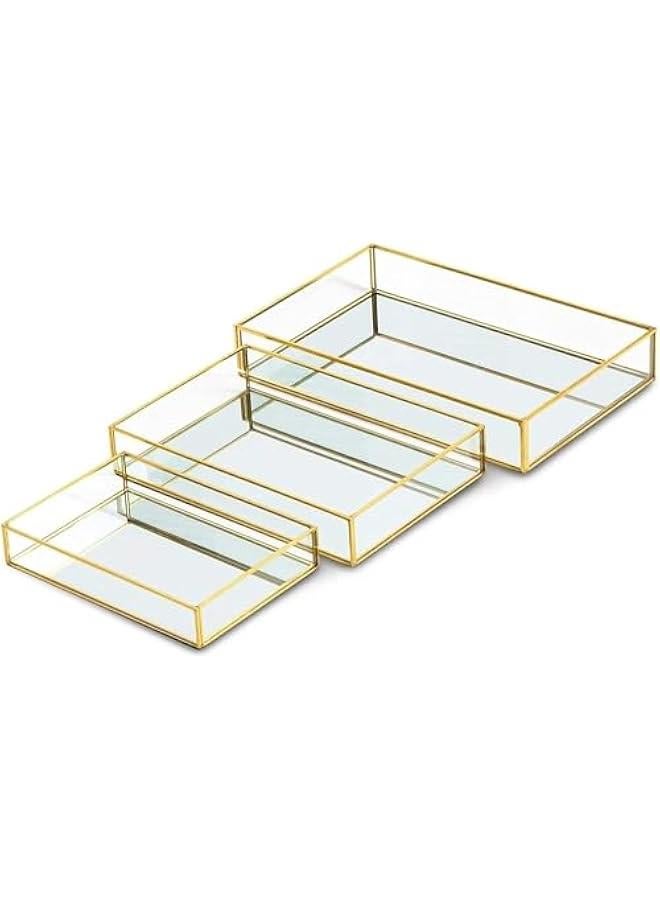 HOOKOR 3 Pieces Mirror Tray Metal Vanity Mirror Tray Rectangle Octagon Perfume Tray Jewelry Mirror Makeup Tray Cosmetic Dresser Tray for Dresser Bedroom Bathroom Hotel, 3 Sizes (Rectangular) - Image 1