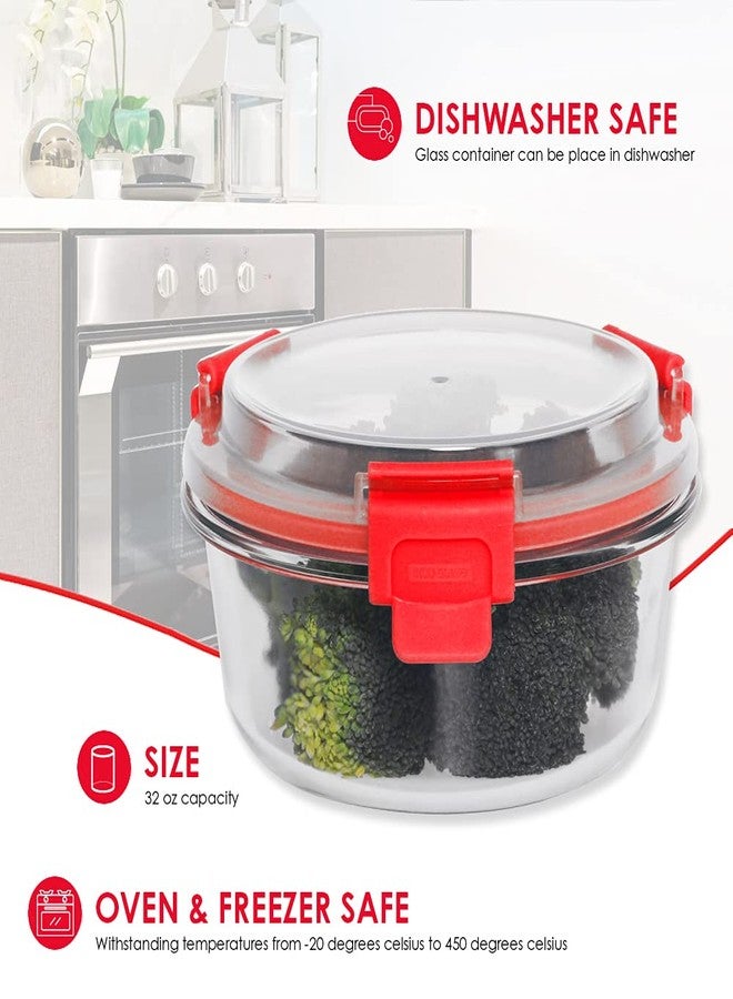 Home Basics 32 oz. Round Leak/Spill Proof Borosilicate Glass Food, Dishwasher Safe Meal Prep Storage Container with Air-Tight Plastic Lid, Red - Image 2