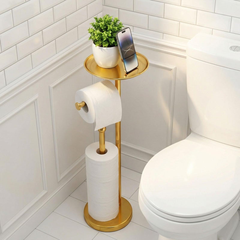 Wismay Standing Toilet Paper Holder Gold, TP Holder with 6.7" Phone Shelf, Holds 5 Rolls, Stainless Steel (Gold) - Image 3