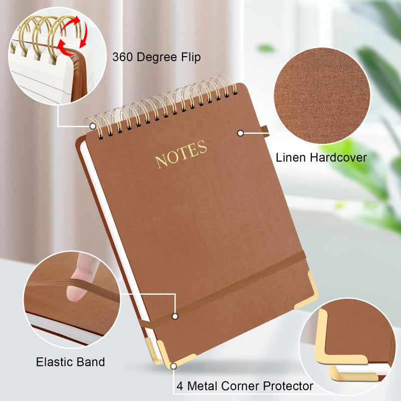 Mousbull Aesthetic Top Spiral Notebook, A4 Large Linen Hardcover Top Bound Steno Pads, 240 Pages 100gsm Thick Lined Paper Left Handed Notebook Journal for Work, School, Church Writing - Brown, 8.5" x 11" - Image 2