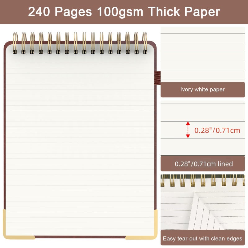 Mousbull Aesthetic Top Spiral Notebook, A4 Large Linen Hardcover Top Bound Steno Pads, 240 Pages 100gsm Thick Lined Paper Left Handed Notebook Journal for Work, School, Church Writing - Brown, 8.5" x 11" - Image 4