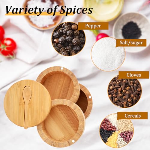 JIABEIUS Bamboo Salt Box with Swivel Lid and Spoon, 3-Tier Salt Cellar Containers with 8pcs Label Stickers, Wooden Spice Jars for Kitchen to Storage Pepper, Sugar, Herbs, Seasonings - Image 3