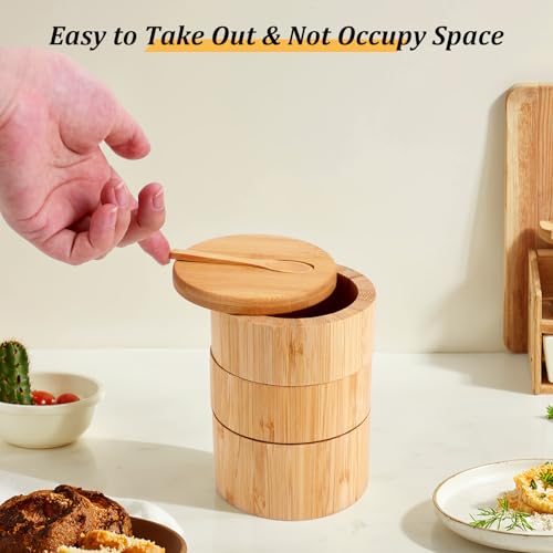 JIABEIUS Bamboo Salt Box with Swivel Lid and Spoon, 3-Tier Salt Cellar Containers with 8pcs Label Stickers, Wooden Spice Jars for Kitchen to Storage Pepper, Sugar, Herbs, Seasonings - Image 4