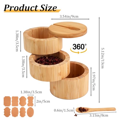 JIABEIUS Bamboo Salt Box with Swivel Lid and Spoon, 3-Tier Salt Cellar Containers with 8pcs Label Stickers, Wooden Spice Jars for Kitchen to Storage Pepper, Sugar, Herbs, Seasonings - Image 2