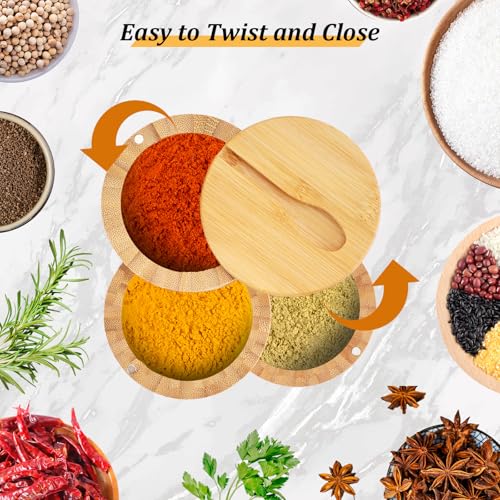 JIABEIUS Bamboo Salt Box with Swivel Lid and Spoon, 3-Tier Salt Cellar Containers with 8pcs Label Stickers, Wooden Spice Jars for Kitchen to Storage Pepper, Sugar, Herbs, Seasonings - Image 5
