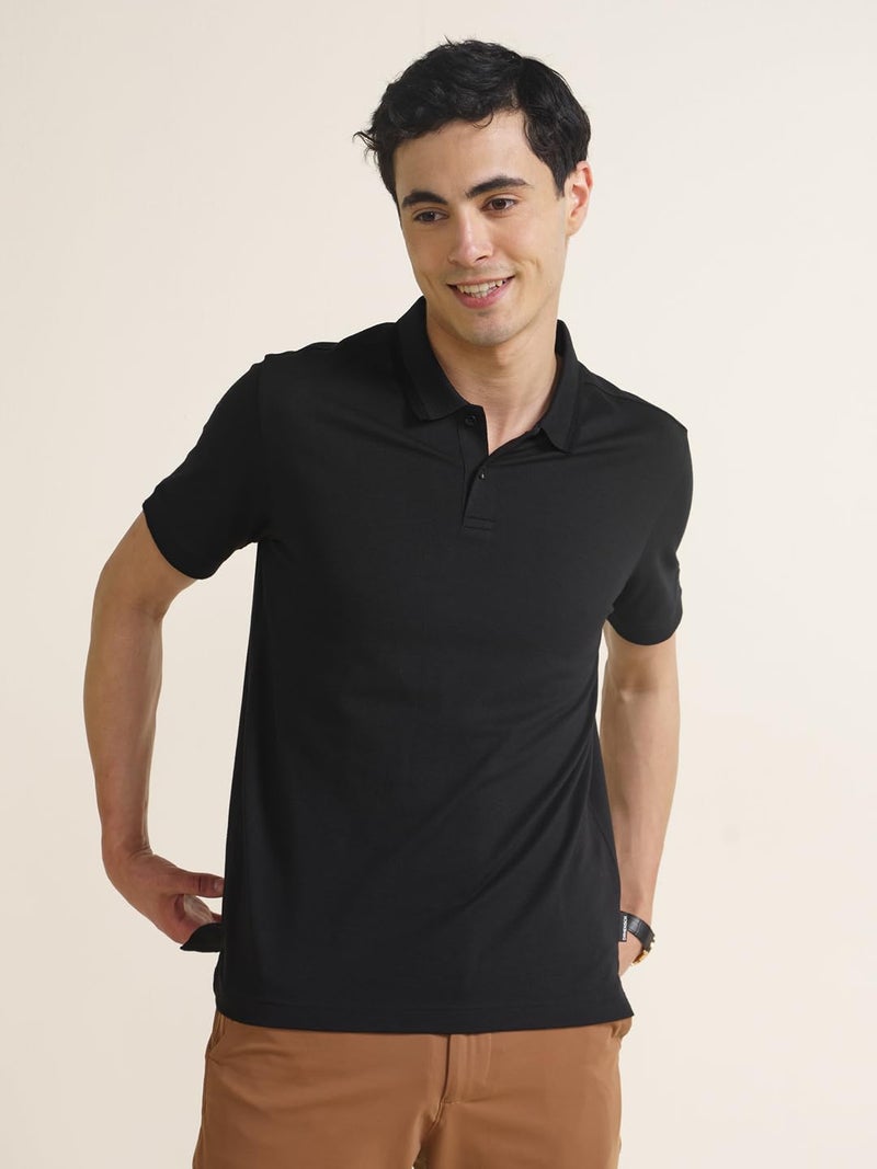 DAMENSCH All-Degree Solid Buttoned Polo T Shirt for Man, Pique Textured, Cotton, Thermoregulating Mens T Shirts with Collar, Recycled Fabric Tshirt Polo-Jet Black-L - Image 4