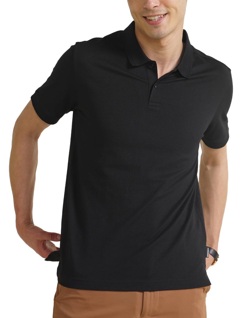 DAMENSCH All-Degree Solid Buttoned Polo T Shirt for Man, Pique Textured, Cotton, Thermoregulating Mens T Shirts with Collar, Recycled Fabric Tshirt Polo-Jet Black-L - Image 1
