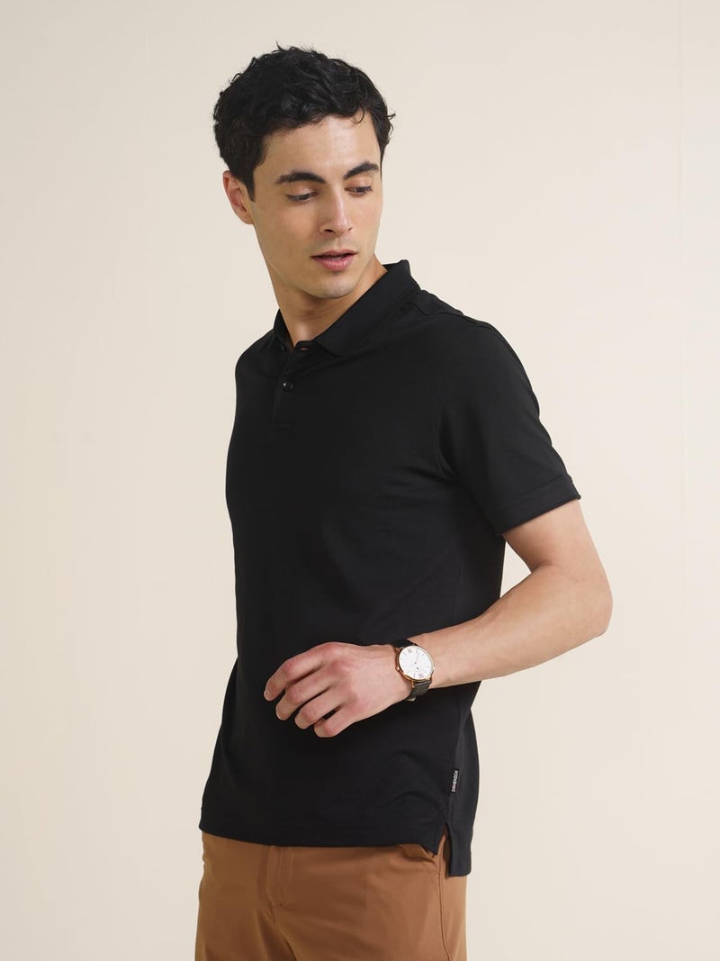 DAMENSCH All-Degree Solid Buttoned Polo T Shirt for Man, Pique Textured, Cotton, Thermoregulating Mens T Shirts with Collar, Recycled Fabric Tshirt Polo-Jet Black-L - Image 5