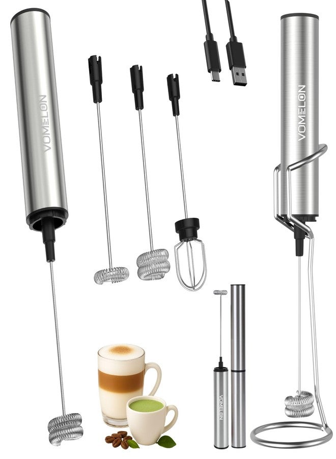 VOMELON Rechargeable Milk Frother with Stand, Electric Whisks Foam Maker, POWERFUL USB C 2 Speed Handheld Drink Mixer for Coffee, Latte, Cappuccino, Matcha Drinks,Silver - Image 1
