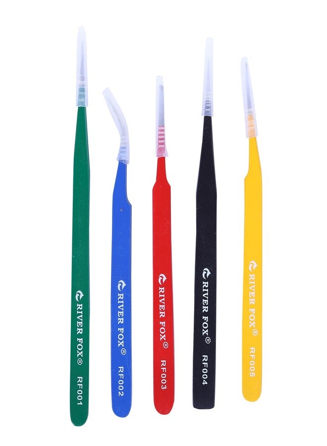 RIVER FOX Professional Tweezers for Eyebrows- Great Precision Plücker for Facial Hair, Splinter and Ingrown Hair Removal, Electronic Repairing, Plucking Daily Beauty Tool Multi Color Pack of 5 - Image 1