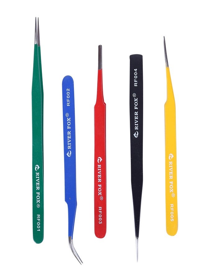 RIVER FOX Professional Tweezers for Eyebrows- Great Precision Plücker for Facial Hair, Splinter and Ingrown Hair Removal, Electronic Repairing, Plucking Daily Beauty Tool Multi Color Pack of 5 - Image 2