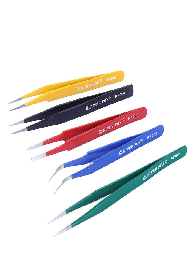 RIVER FOX Professional Tweezers for Eyebrows- Great Precision Plücker for Facial Hair, Splinter and Ingrown Hair Removal, Electronic Repairing, Plucking Daily Beauty Tool Multi Color Pack of 5 - Image 3