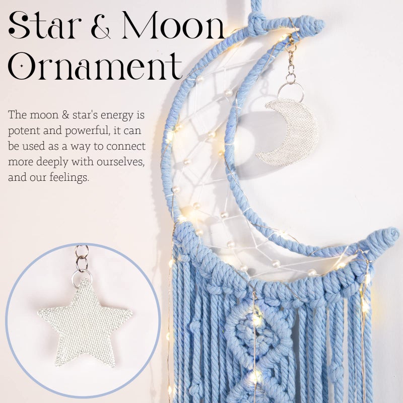 ANROYE Macrame Moon Dream Catcher for Girl, Blue Boho Crescent Dreamcatcher for Bedroom Adult, Handmade Nursery Room Wall Hanging with Star Pendant for Teen Boy, Bohemian Home Decoration Idea - Image 2