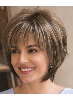 SEVENCOLORS SEVENCOLORS Short Hair Wigs with Bangs Dark Brown Mixed Blonde Pixie Cut Wig for Women Straight Synthetic Fiber Wigs 