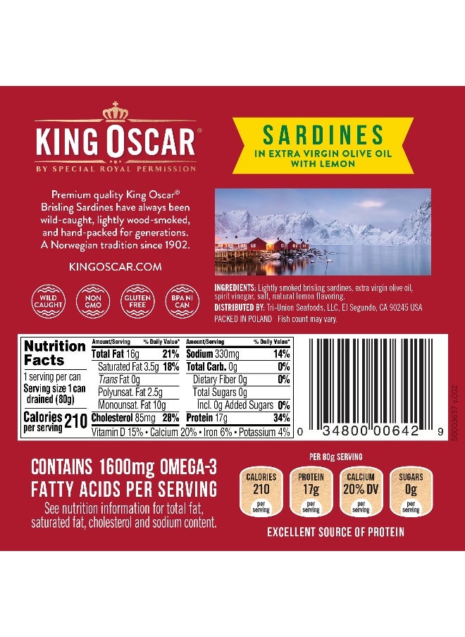 KING OSCAR King Oscar, Wild Caught Sardines In Extra Virgin Olive Oil, With Lemon, 3.75 oz (106 g)  - Image 2