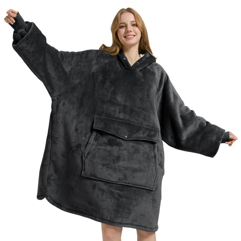 Krifey Wearable Blanket Hoodie, Oversized Sherpa Fleece Sweatshirt with Giant Pocket, Birthday Gifts for Women, Mom, Sister, Dark Gray - Image 1